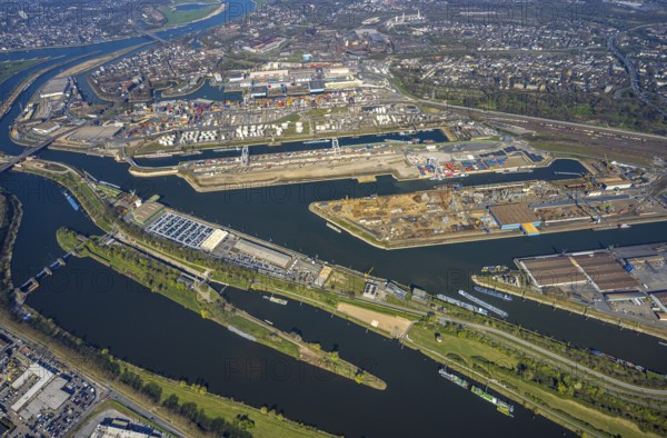Aerial view, duisport Port of Duisburg, port area, oil island, coal island, container terminal and