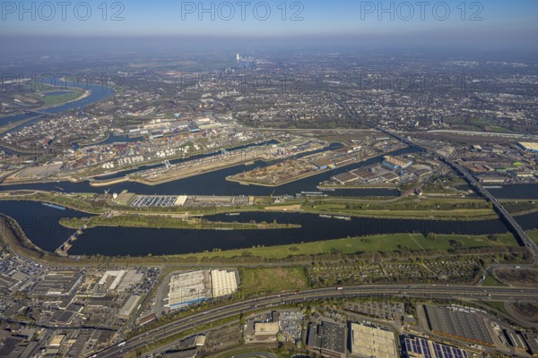 Aerial view, duisport port of Duisburg, port area, oil island, coal island, container terminal and