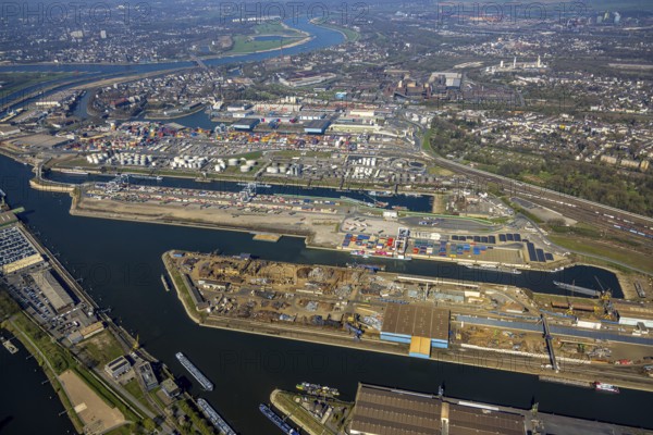 Aerial view, duisport port of Duisburg, port area, oil island, coal island, container terminal and