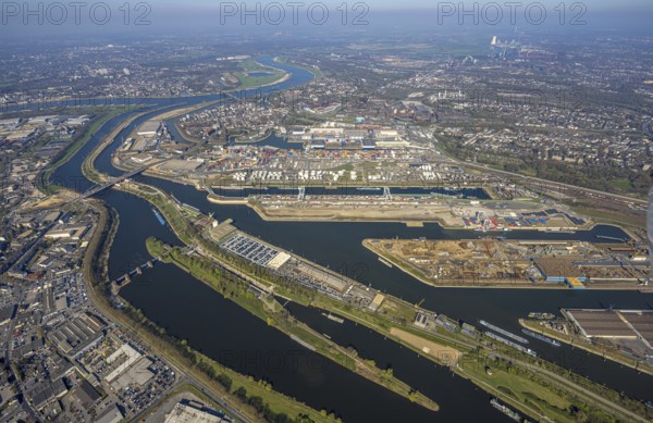Aerial view, duisport harbour Duisburg, harbour area, oil island, coal island, container terminal