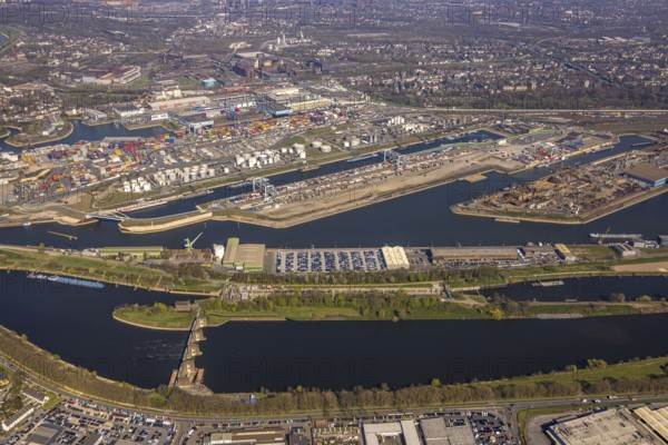 Aerial view, duisport Port of Duisburg, port area, oil island, coal island, container terminal and