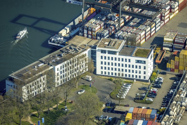Aerial view, container harbour, duisport Duisburger Hafen AG headquarters, Ruhrort, Duisburg, Ruhr