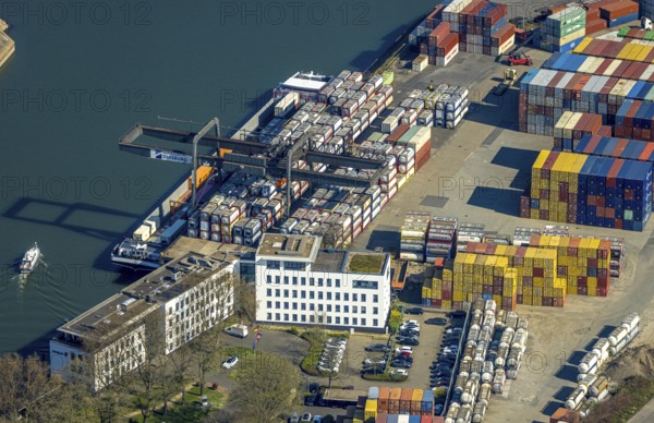 Aerial view, container harbour, duisport Duisburger Hafen AG headquarters, Ruhrort, Duisburg, Ruhr