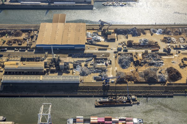 Aerial view, duisport harbour Duisburg, harbour area, scrap island raw material island, Ruhrort,