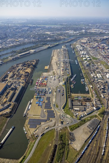 Aerial view, duisport Port of Duisburg, harbour area, oil island, coal island container terminal