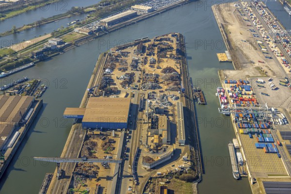 Aerial view, duisport harbour Duisburg, harbour area, scrap island raw material island, Ruhrort,