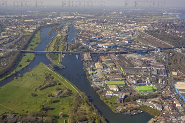 Aerial view, duisport Port of Duisburg, port area, A59 motorway with Berlin Bridge over the Ruhr