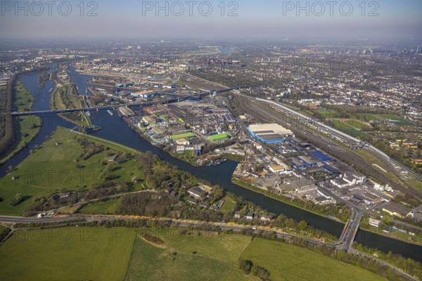 Aerial view, duisport Port of Duisburg, port area, A59 motorway with Berlin Bridge over the Ruhr