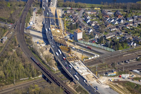 Aerial view, Kaiserberg motorway junction with A3 and A40 motorways, bridge construction and