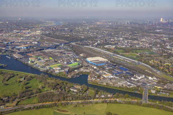 Aerial view, duisport Port of Duisburg, port area, A59 motorway, freight station, Ruhrort,