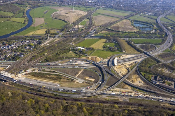 Aerial view, Kaiserberg motorway junction with A3 and A40 motorways, bridge construction and