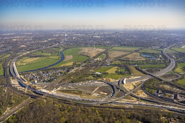 Aerial view, Kaiserberg motorway junction with A3 and A40 motorways, bridge construction and