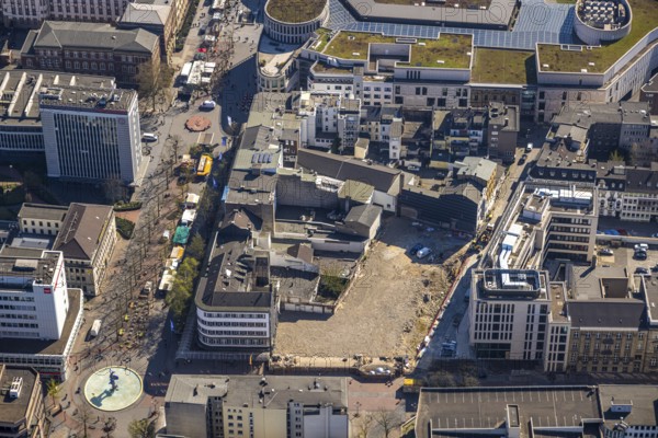Aerial view, construction site Torhaus Süd in the business district Düsseldorfer Straße corner
