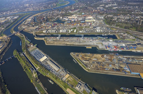 Aerial view, duisport Port of Duisburg, port area, oil island, coal island, container terminal and