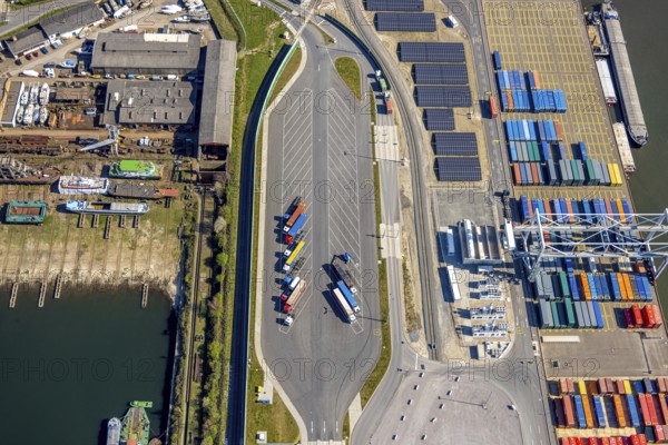 Aerial view, duisport Port of Duisburg, port area, coal island container terminal, lorry park,