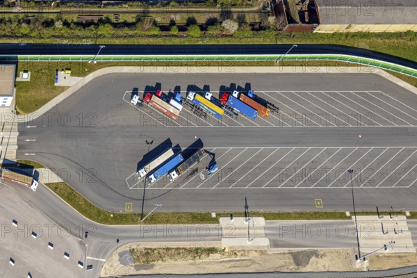 Aerial view, duisport Port of Duisburg, port area, coal island container terminal, lorry park,