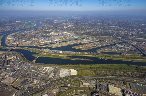 Aerial view, duisport Port of Duisburg, port area, oil island, coal island, container terminal and