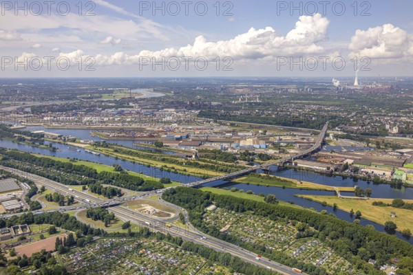 Aerial view, Berlin bridge of motorway A59 over river Ruhr and Rhine-Herne-Canal between motorway