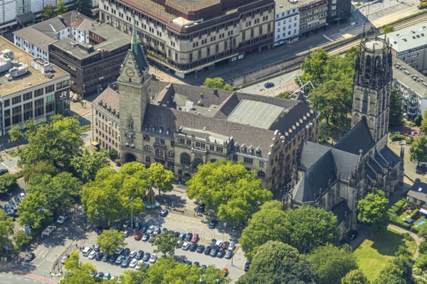 Aerial view, Duisburg city hall with town hall tower, Salvator church with church square, Old Town,