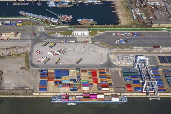 Aerial view, duisport Port of Duisburg, port area, coal island container terminal, container ship,