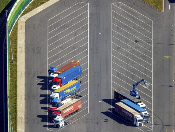 Aerial view, duisport Port of Duisburg, port area, coal island container terminal, lorry park,