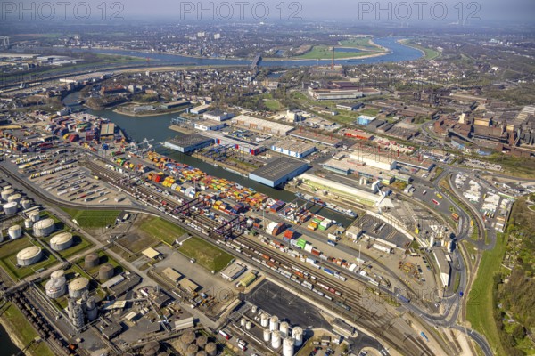 Aerial view, duisport harbour Duisburg, harbour area, steel island south harbour with view to the