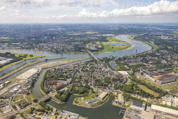 Aerial view, district Ruhrort at Duisburg harbour, river Rhine and Friedrich-Ebert-Bridge, below