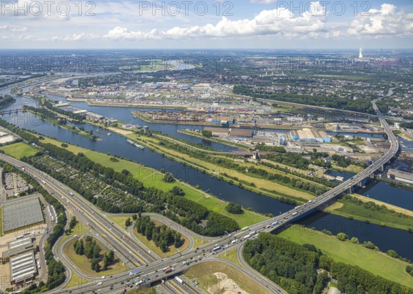 Aerial view, Berlin bridge of motorway A59 over river Ruhr and Rhine-Herne-Canal between motorway