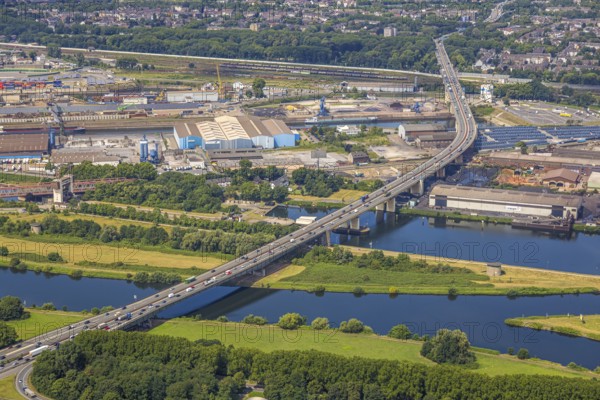 Aerial view, Berlin bridge of the A59 motorway over the Ruhr river and Rhine-Herne canal at the