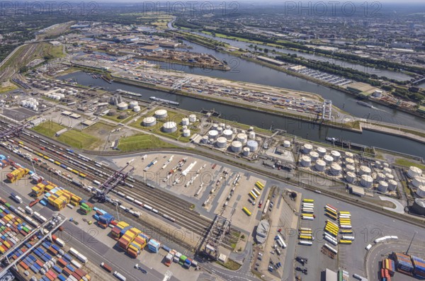 Aerial view, Duisburg harbour with oil island, coal island container terminal and scrap island raw