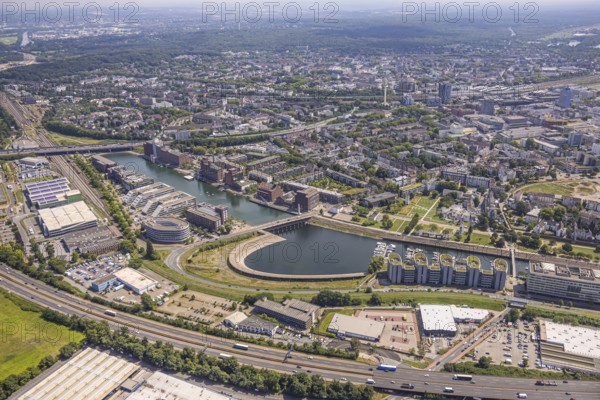 Aerial view, Eurogate staircase inner harbour and commercial buildings, view of Duisburg,