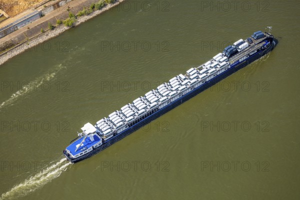 Aerial view, transport ship with car transporter cargo, bee ship on the river Rhine, Alt-Homberg,
