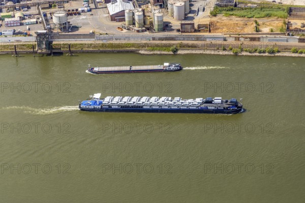 Aerial view, transport ship with car transporter cargo, bee ship on the river Rhine, Alt-Homberg,