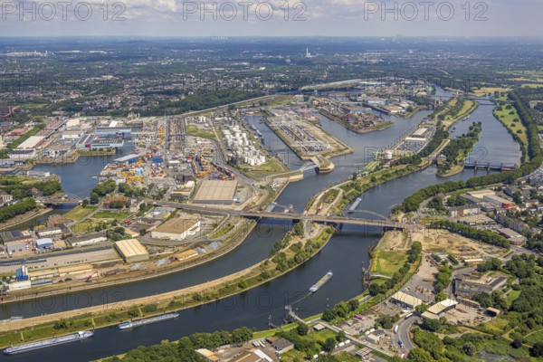 Aerial view, Duisburg harbour general view, Karl-Lehr-Bridge, Ruhrort, Duisburg, Ruhr area, North