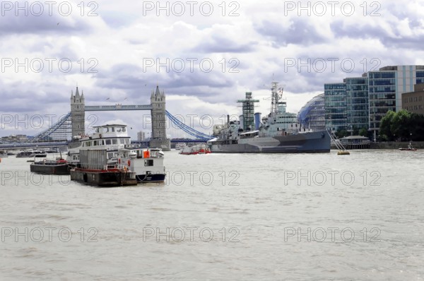Tower Bridge, Thames, London, England, Great Britain, Boats on the Thames with a view of Tower