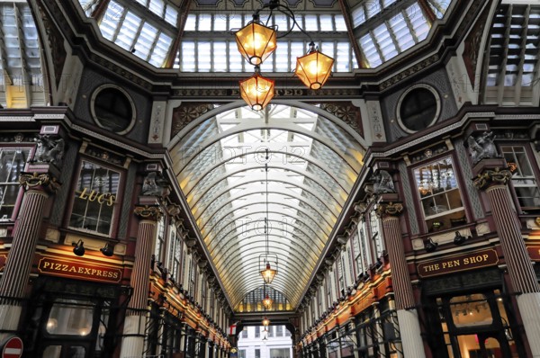 Interior view, Leadenhall Market, London, England, United Kingdom, Elegant arcade with high ceiling