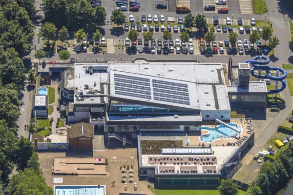 Aerial view, Olpe leisure pool, outdoor and indoor swimming pool with sun loungers and water slide,