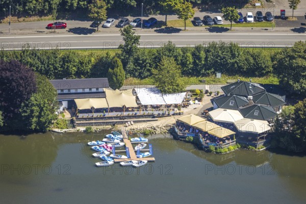 Aerial view, Biggesee boathouse restaurant with outdoor catering, SUP-STATION - Windsurfing