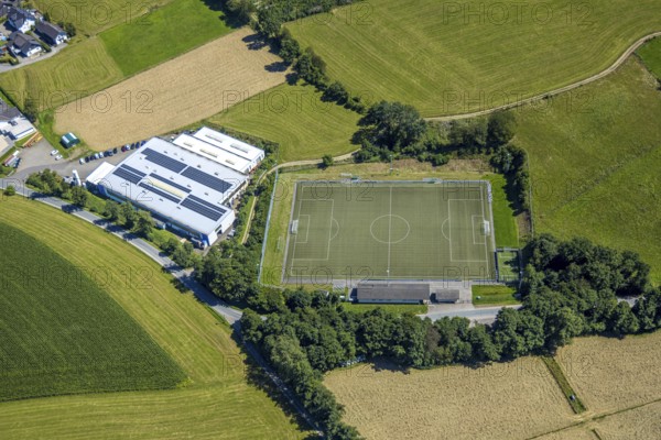 Aerial view, football stadium Vogelwiese Iseringhausen SPVG Iseringhausen, industrial estate Lange