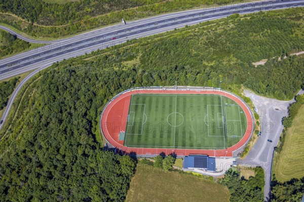 Aerial view, football stadium Sportanlage FSV Gerlingen e.V., on the A4 motorway, Gerlingen,
