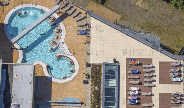 Aerial view, saltwater pool of the Olpe leisure pool, outdoor pool and indoor pool with sun