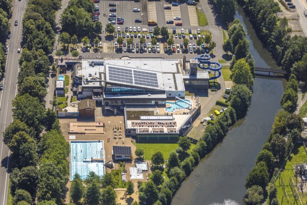 Aerial view, Olpe leisure pool, outdoor and indoor swimming pool with sun loungers and water slide,