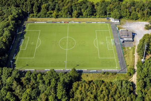 Aerial view, sports field TUS Rhode, grass pitch, artificial turf sports field, Sauerland, Rhode,