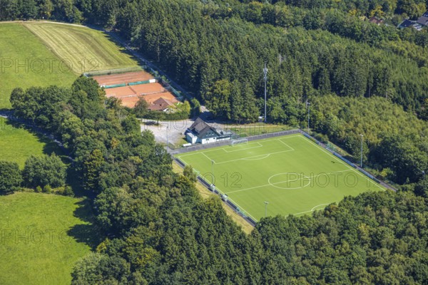 Aerial view, sports field TUS Rhode, grass pitch, artificial turf sports field, Sauerland, Rhode,