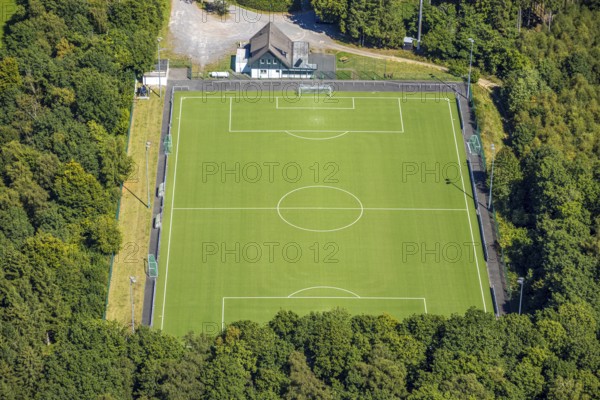 Aerial view, sports field TUS Rhode, grass pitch, artificial turf sports field, Sauerland, Rhode,
