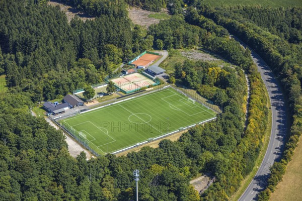 Aerial view, sports field TUS Rhode, grass pitch, artificial turf sports field, Sauerland, Rhode,