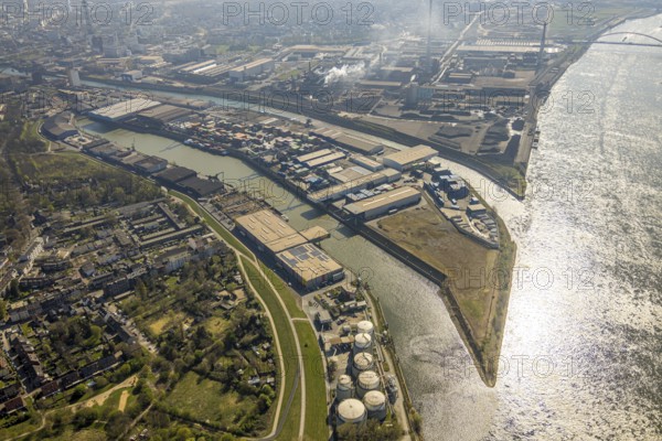 Aerial view, Neuenkamp parallel harbour and outer harbour, river Rhine, Hochfeld, Duisburg, Ruhr