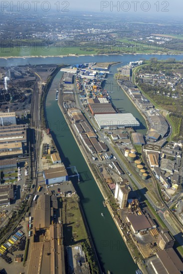 Aerial view, Neuenkamp parallel harbour and outer harbour, river Rhine, HTB Heavylift Terminal