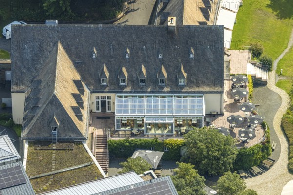 Aerial view, Welcome Hotel Meschede/Hennesee with solar roof and winter garden, outdoor catering