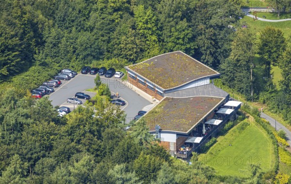 Aerial view, H1 am See restaurant with green roof, car park, Berghausen, Meschede, Sauerland, North